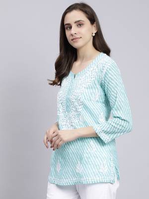 hand embroidered sea green cotton lucknowi chikankari top 3