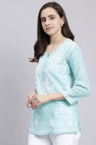 hand embroidered sea green cotton lucknowi chikankari top