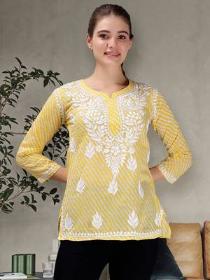 hand embroidered yellow cotton lucknowi chikankari top 1