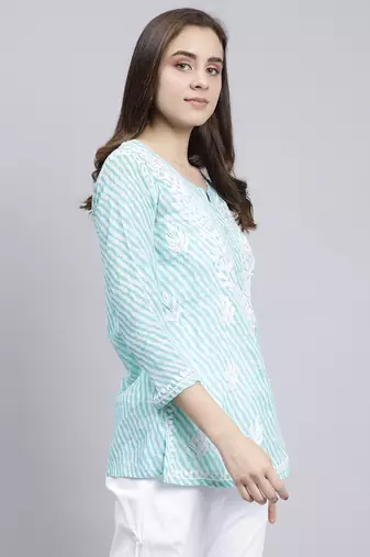 hand embroidered sea green cotton lucknowi chikankari top