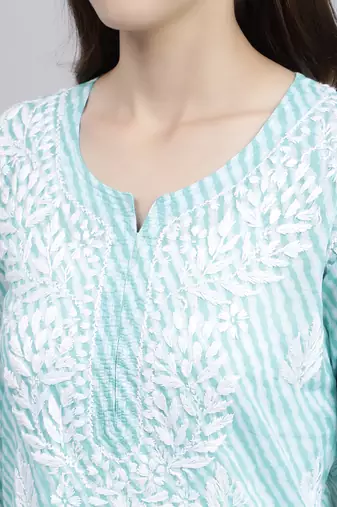 hand embroidered sea green cotton lucknowi chikankari top