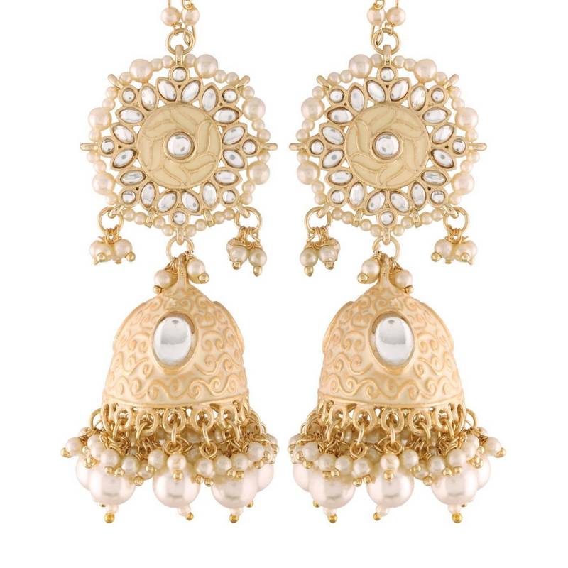 Gold Plated Intricately Designed Traditional with Detachable Hair Chain Encased With Kundans & Pearls Jumki