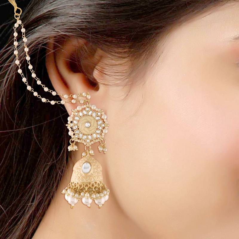 Gold Plated Intricately Designed Traditional with Detachable Hair Chain Encased With Kundans & Pearls Jumki
