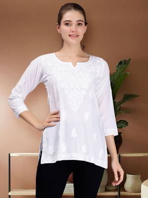 hand embroidered white cotton lucknowi chikankari top 1