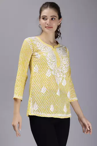 hand embroidered yellow cotton lucknowi chikankari top