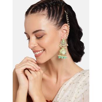 I Jewels Gold Plated Traditional with Detachable Hair Chain Encased with Kundans and Pearls Jhumka Earrings for Women 1