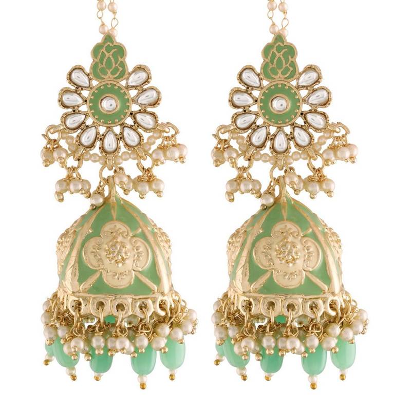 I Jewels Gold Plated Traditional with Detachable Hair Chain Encased with Kundans and Pearls Jhumka Earrings for Women