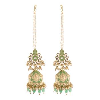 I Jewels Gold Plated Traditional with Detachable Hair Chain Encased with Kundans and Pearls Jhumka Earrings for Women 3