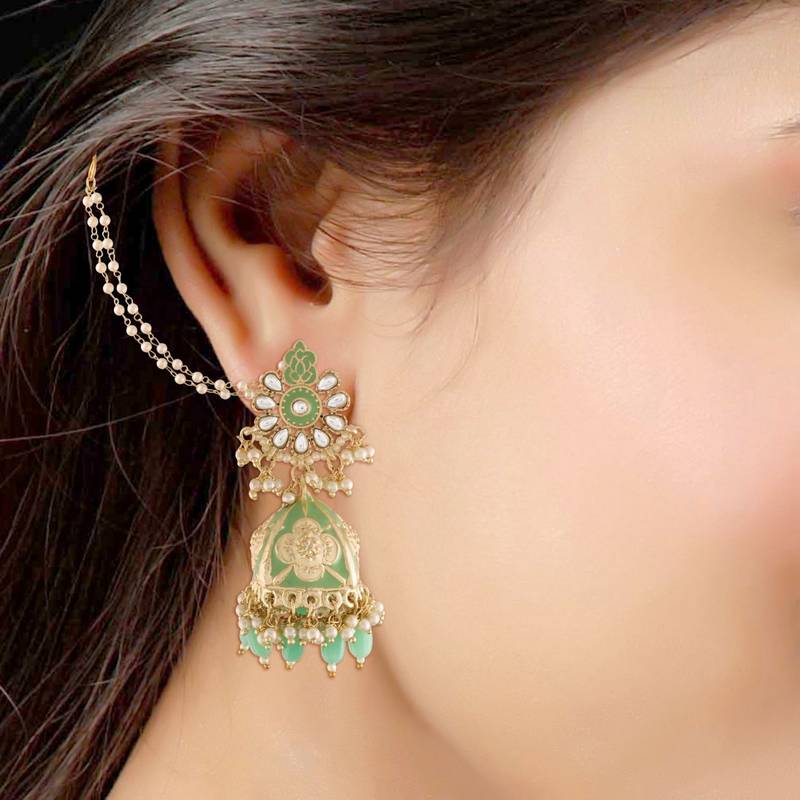 I Jewels Gold Plated Traditional with Detachable Hair Chain Encased with Kundans and Pearls Jhumka Earrings for Women