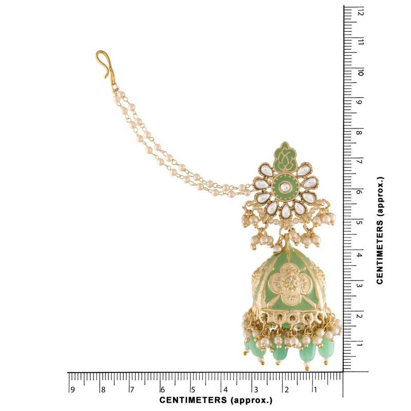 I Jewels Gold Plated Traditional with Detachable Hair Chain Encased with Kundans and Pearls Jhumka Earrings for Women