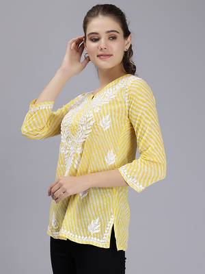 hand embroidered yellow cotton lucknowi chikankari top 4