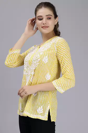 hand embroidered yellow cotton lucknowi chikankari top