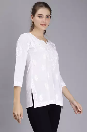 hand embroidered white cotton lucknowi chikankari top