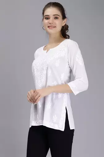 hand embroidered white cotton lucknowi chikankari top