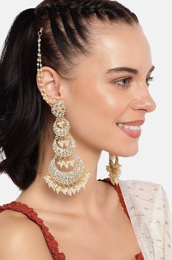 Gold Plated Alloy Kundan Stones & Pearl Earrings For Women, White (E2909W)