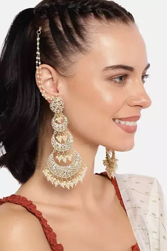 Gold Plated Alloy Kundan Stones & Pearl Earrings For Women, White (E2909W)