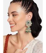 Gold Plated Intricately Designed Traditional with Detachable Hair Chain Encased With Kundans & Pearls Jumka