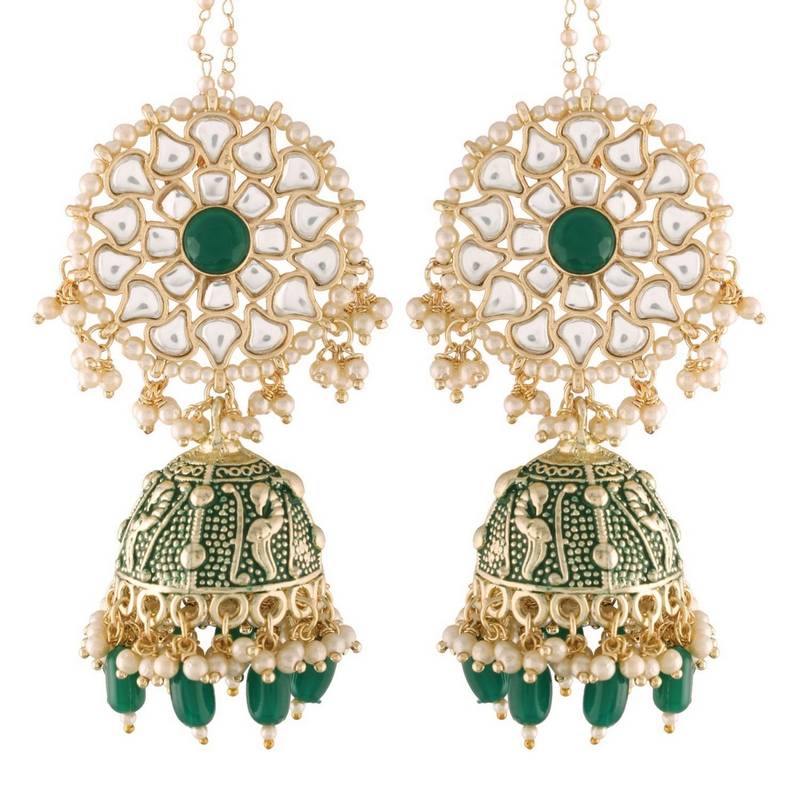 Gold Plated Intricately Designed Traditional with Detachable Hair Chain Encased With Kundans & Pearls Jumka