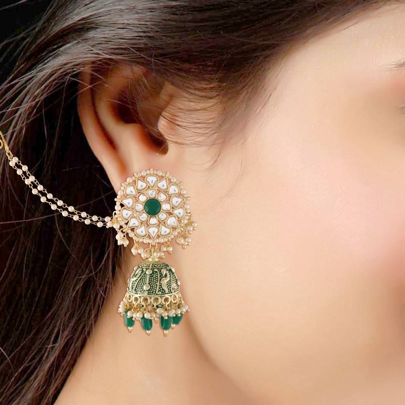 Gold Plated Intricately Designed Traditional with Detachable Hair Chain Encased With Kundans & Pearls Jumka