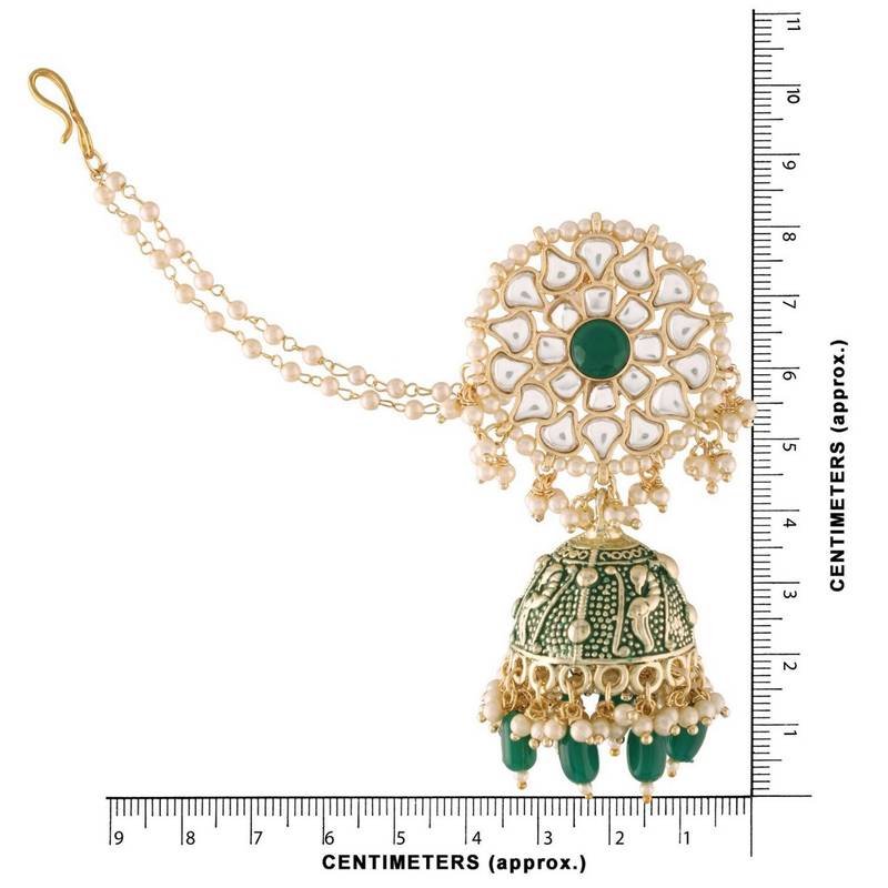 Gold Plated Intricately Designed Traditional with Detachable Hair Chain Encased With Kundans & Pearls Jumka