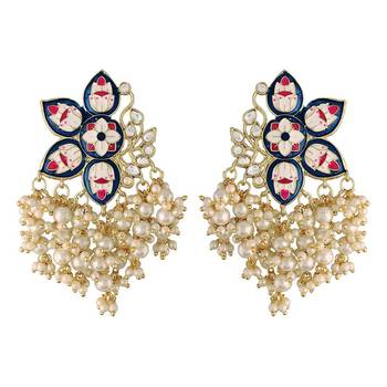 Gold Plated Meena Work Pearl Kundan Studded Drop Earring For Women  1