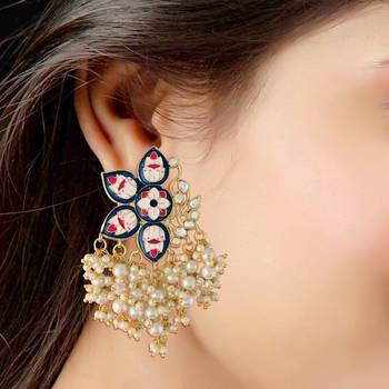 Gold Plated Meena Work Pearl Kundan Studded Drop Earring For Women  2