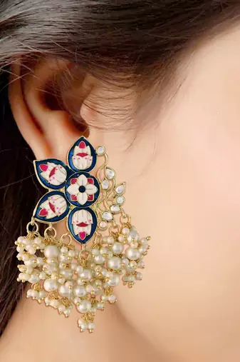 Gold Plated Meena Work Pearl Kundan Studded Drop Earring For Women 