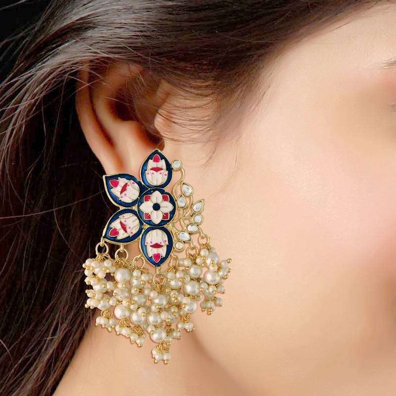 Gold Plated Meena Work Pearl Kundan Studded Drop Earring For Women 