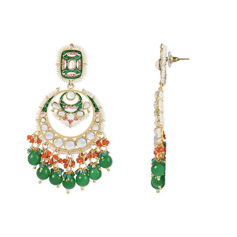 Gold Plated Traditional Meenakari Stone Studded Pearl Dangle Earrings For Women