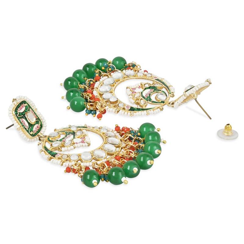 Gold Plated Traditional Meenakari Stone Studded Pearl Dangle Earrings For Women