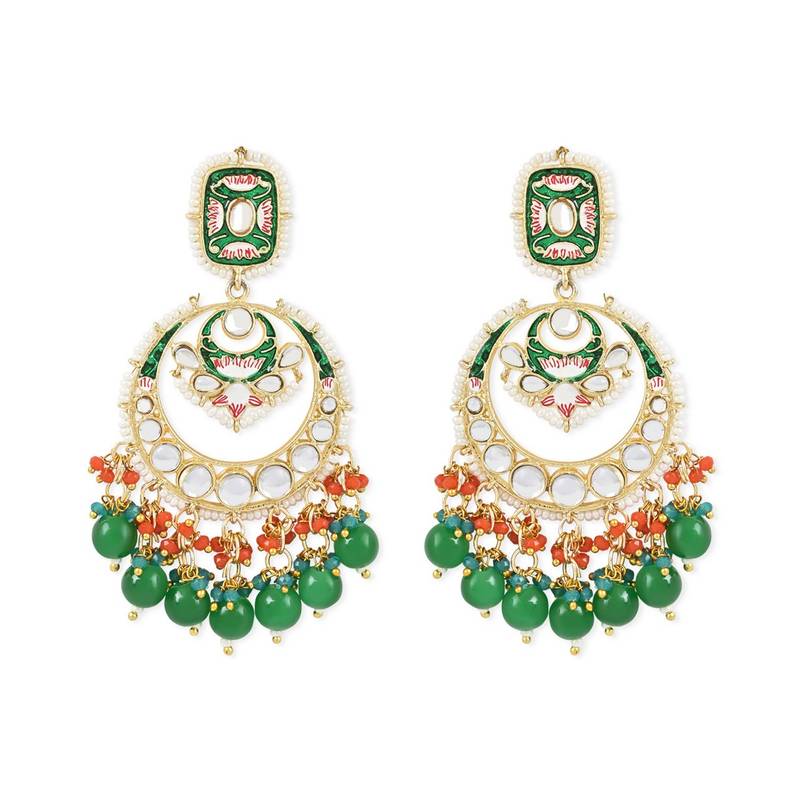 Gold Plated Traditional Meenakari Stone Studded Pearl Dangle Earrings For Women