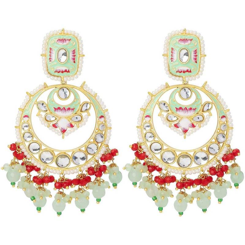Gold Plated Traditional Meenakari Stone Studded Pearl Dangle Earrings For Women