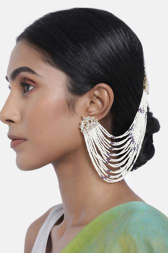 Gold Plated Multi Strand Earring with Ear Chain Embellished With Pearl For Women/Girls 