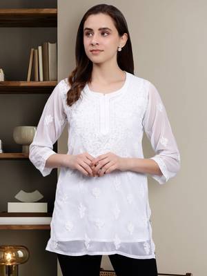 hand embroidered white georgette lucknowi chikankari top with slip 1
