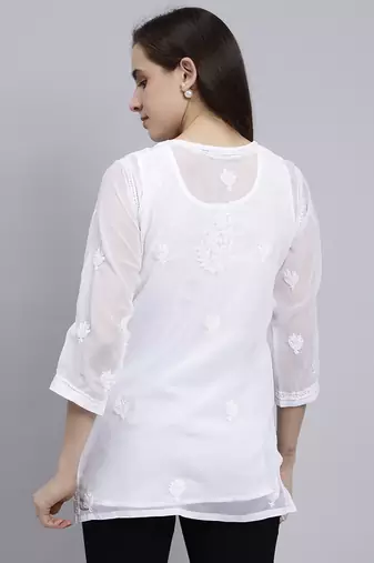 hand embroidered white georgette lucknowi chikankari top with slip