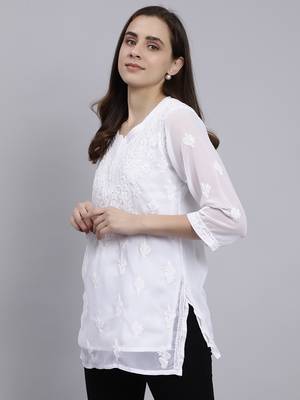 hand embroidered white georgette lucknowi chikankari top with slip 3