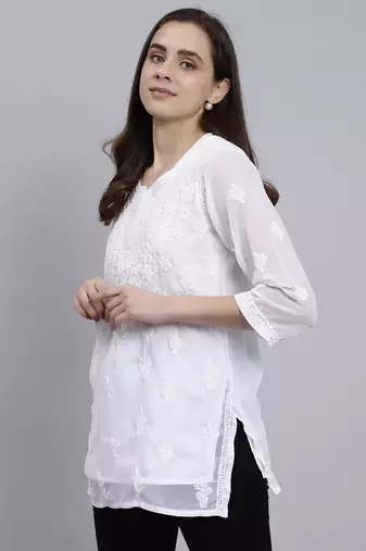 hand embroidered white georgette lucknowi chikankari top with slip