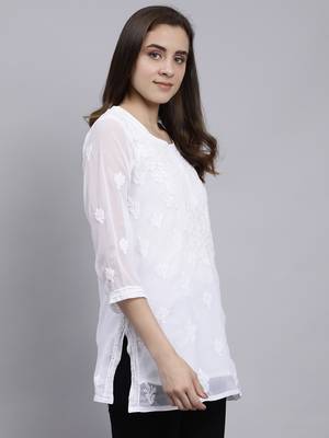 hand embroidered white georgette lucknowi chikankari top with slip 4