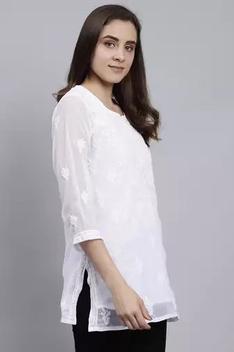 hand embroidered white georgette lucknowi chikankari top with slip
