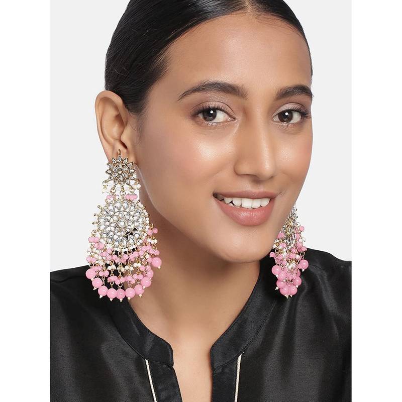 Gold Plated Intricately Designed Traditional Statement Drop Earrings Glided With Kundans & Pearls 