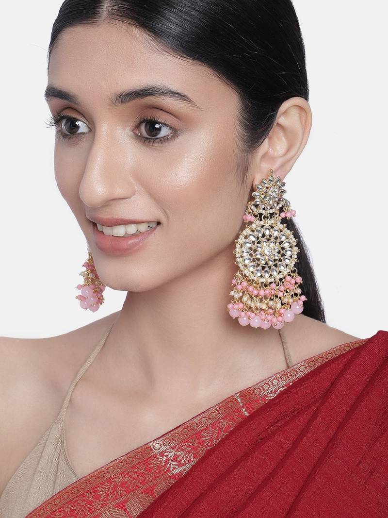 Gold Plated Intricately Designed Traditional Statement Drop Earrings Glided With Kundans & Pearls 