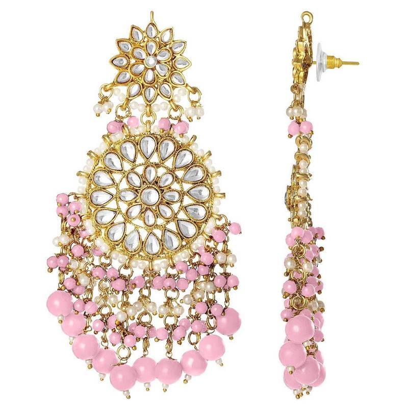 Gold Plated Intricately Designed Traditional Statement Drop Earrings Glided With Kundans & Pearls 