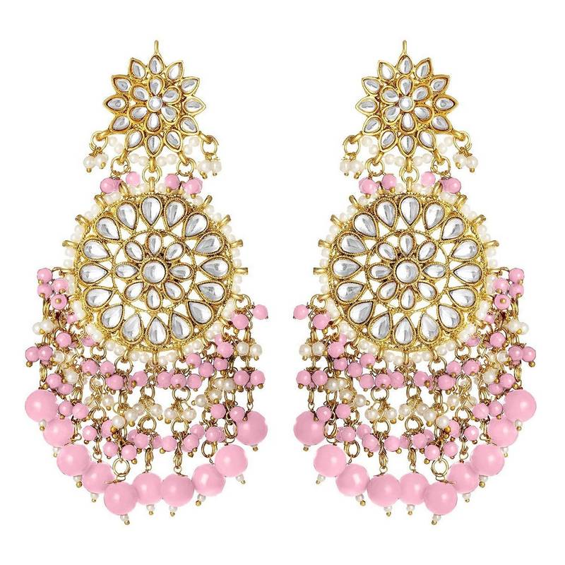 Gold Plated Intricately Designed Traditional Statement Drop Earrings Glided With Kundans & Pearls 