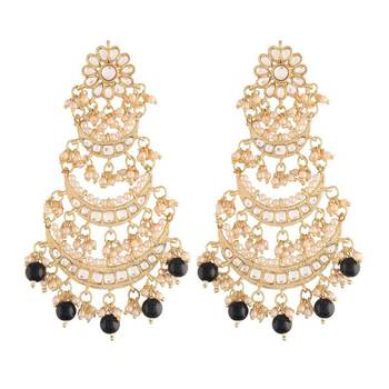 Gold Plated 3 Layered Beaded Chandbali Earrings with Kundan and Pearl Work for Women  2