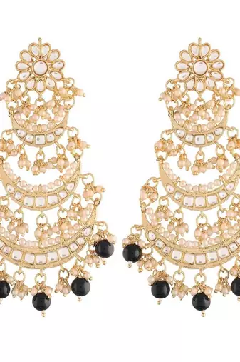 Gold Plated 3 Layered Beaded Chandbali Earrings with Kundan and Pearl Work for Women 