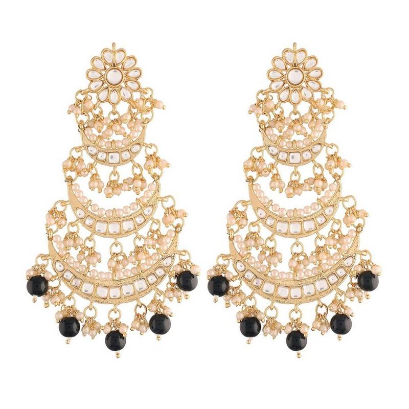 Gold Plated 3 Layered Beaded Chandbali Earrings with Kundan and Pearl Work for Women 