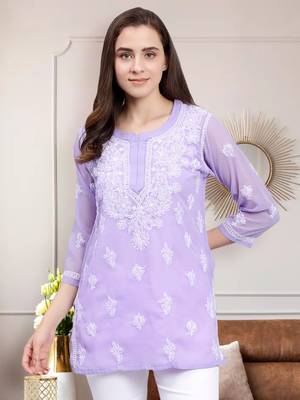 hand embroidered mauve georgette lucknowi chikankari top with slip 1