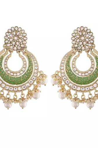 Gold Plated Enamel/Meenakari Big Chandbali Earrings Glided With Kundan & Pearl for Women 