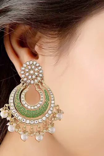 Gold Plated Enamel/Meenakari Big Chandbali Earrings Glided With Kundan & Pearl for Women 