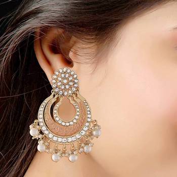 Gold Plated Enamel/Meenakari Big Chandbali Earrings Glided With Kundan & Pearl for Women  2